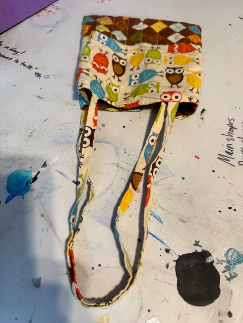 Handmade Reversible Art Tote Project Bag Owl & Argyle - Picture 7 of 10